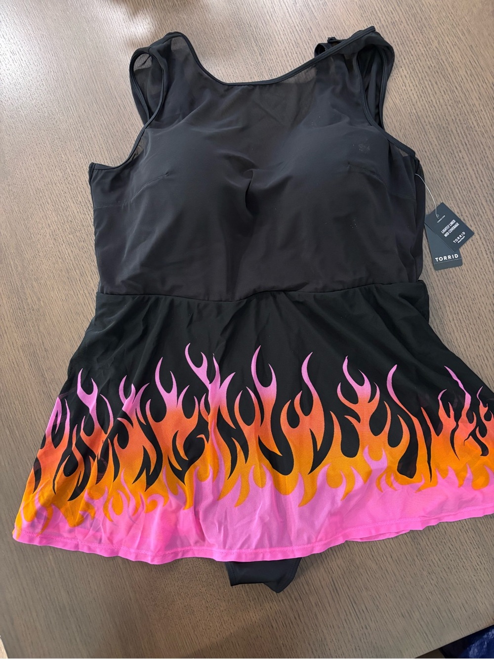 torrid Black Mid-Coverage Swim Top Pink prank flames Sz 2 D/DD NWT